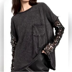 Free People Celine Black Top with Sequin Sleeves